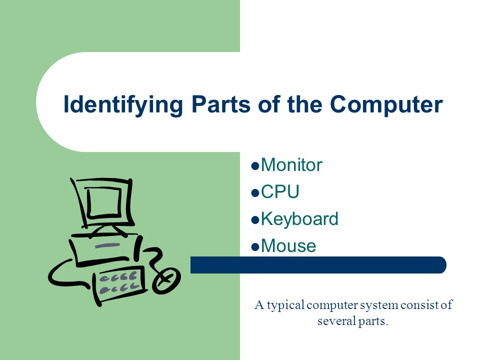 Identifying Parts of the Computer Monitor CPU Keyboard Mouse A typical computer system consist of several parts.
