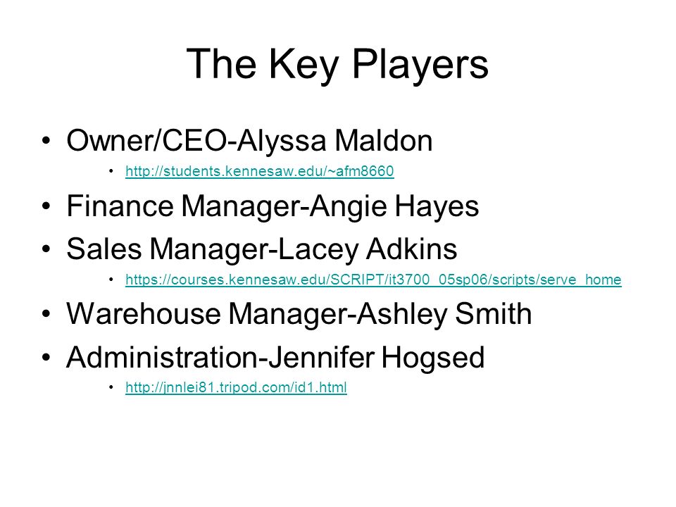 The Key Players Owner/CEO-Alyssa Maldon   Finance Manager-Angie Hayes Sales Manager-Lacey Adkins   Warehouse Manager-Ashley Smith Administration-Jennifer Hogsed