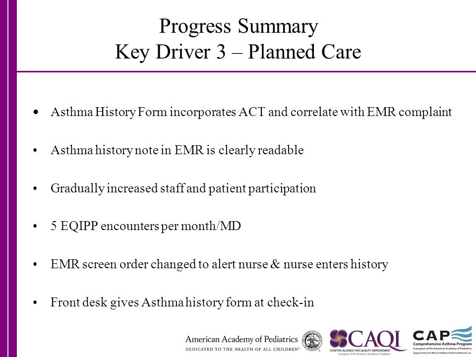 Progress Summary Key Driver 3 – Planned Care Asthma History Form incorporates ACT and correlate with EMR complaint Asthma history note in EMR is clearly readable Gradually increased staff and patient participation 5 EQIPP encounters per month/MD EMR screen order changed to alert nurse & nurse enters history Front desk gives Asthma history form at check-in