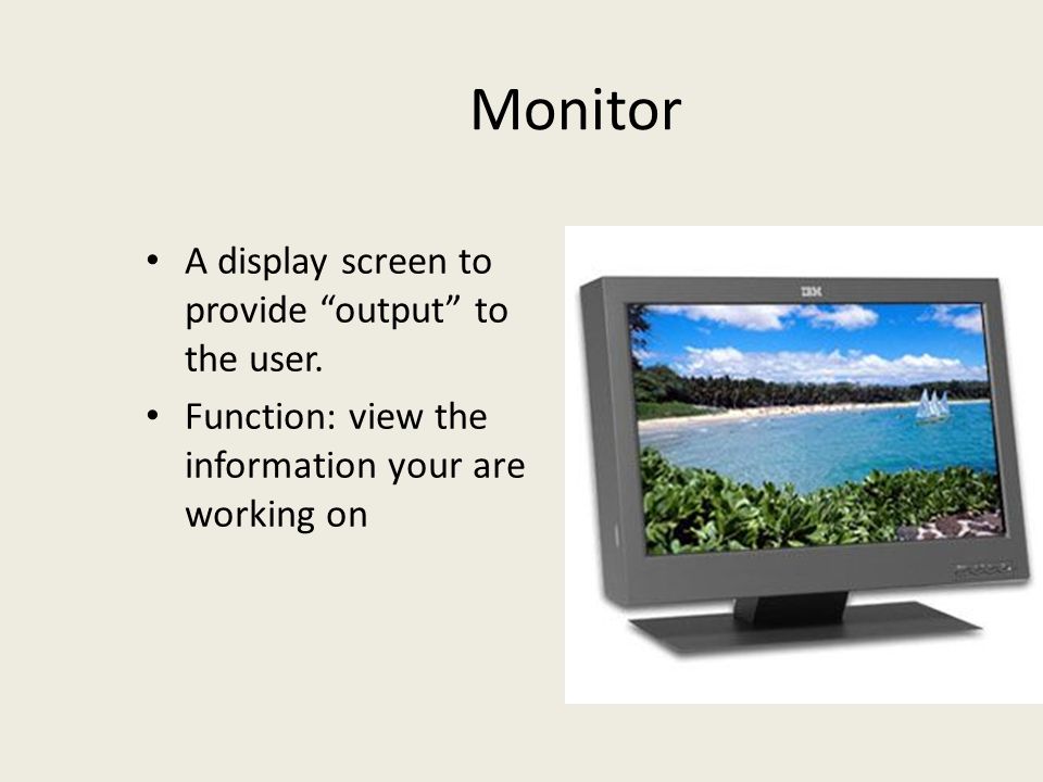 Monitor A display screen to provide output to the user.
