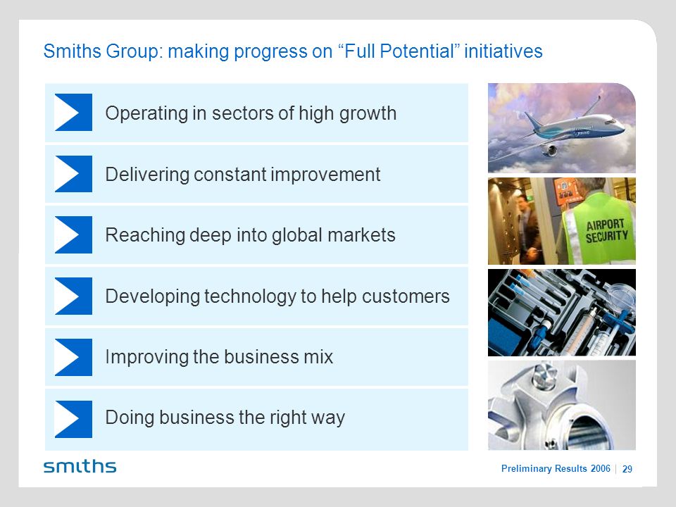 Preliminary Results Operating in sectors of high growth Delivering constant improvement Reaching deep into global markets Developing technology to help customers Improving the business mix Doing business the right way Smiths Group: making progress on Full Potential initiatives