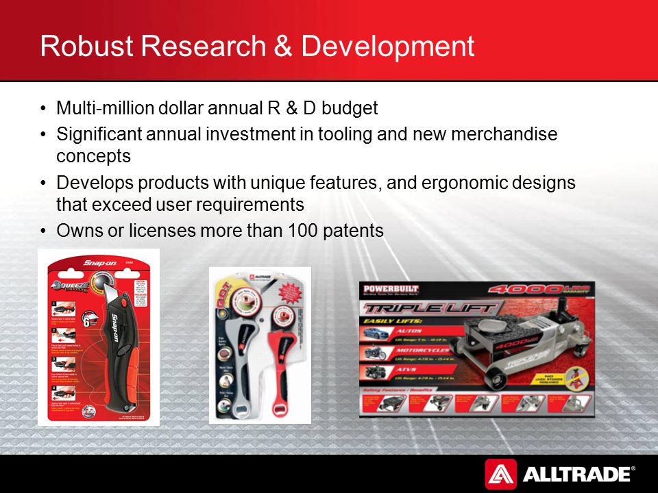 Robust Research & Development Multi-million dollar annual R & D budget Significant annual investment in tooling and new merchandise concepts Develops products with unique features, and ergonomic designs that exceed user requirements Owns or licenses more than 100 patents