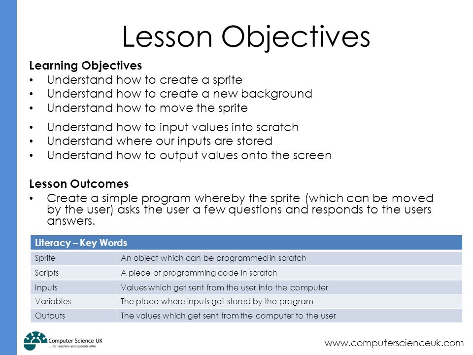 Lesson Objectives Learning Objectives Understand how to create a sprite Understand how to create a new background Understand how to move the sprite Understand how to input values into scratch Understand where our inputs are stored Understand how to output values onto the screen Lesson Outcomes Create a simple program whereby the sprite (which can be moved by the user) asks the user a few questions and responds to the users answers.