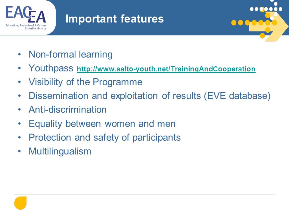 Important features Non-formal learning Youthpass     Visibility of the Programme Dissemination and exploitation of results (EVE database) Anti-discrimination Equality between women and men Protection and safety of participants Multilingualism