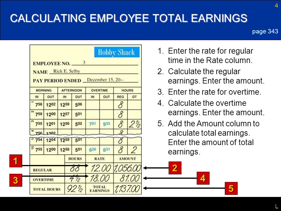 4 L CALCULATING EMPLOYEE TOTAL EARNINGS page Enter the rate for regular time in the Rate column.