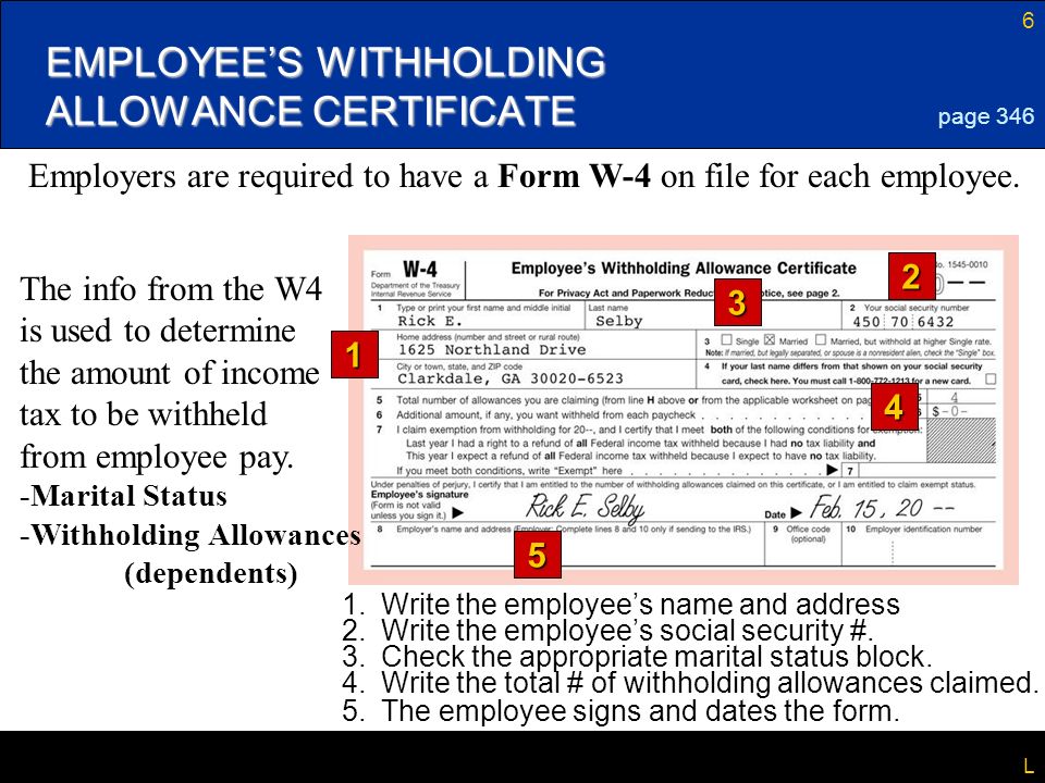 6 L EMPLOYEE’S WITHHOLDING ALLOWANCE CERTIFICATE page Write the employee’s name and address 2.Write the employee’s social security #.