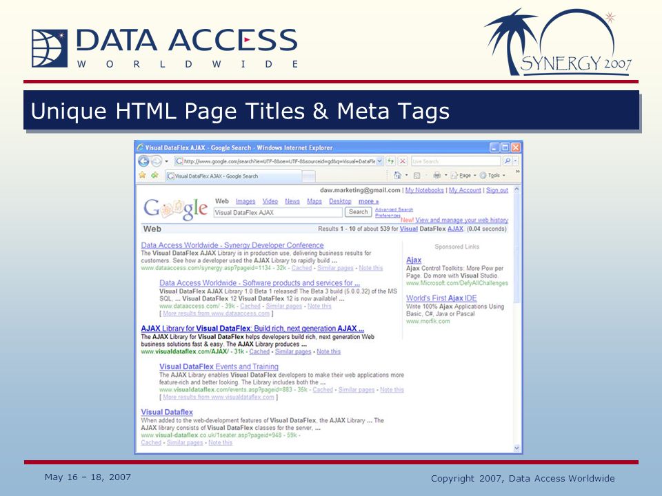 May 16 – 18, 2007 Copyright 2007, Data Access Worldwide Unique HTML Page Titles & Meta Tags