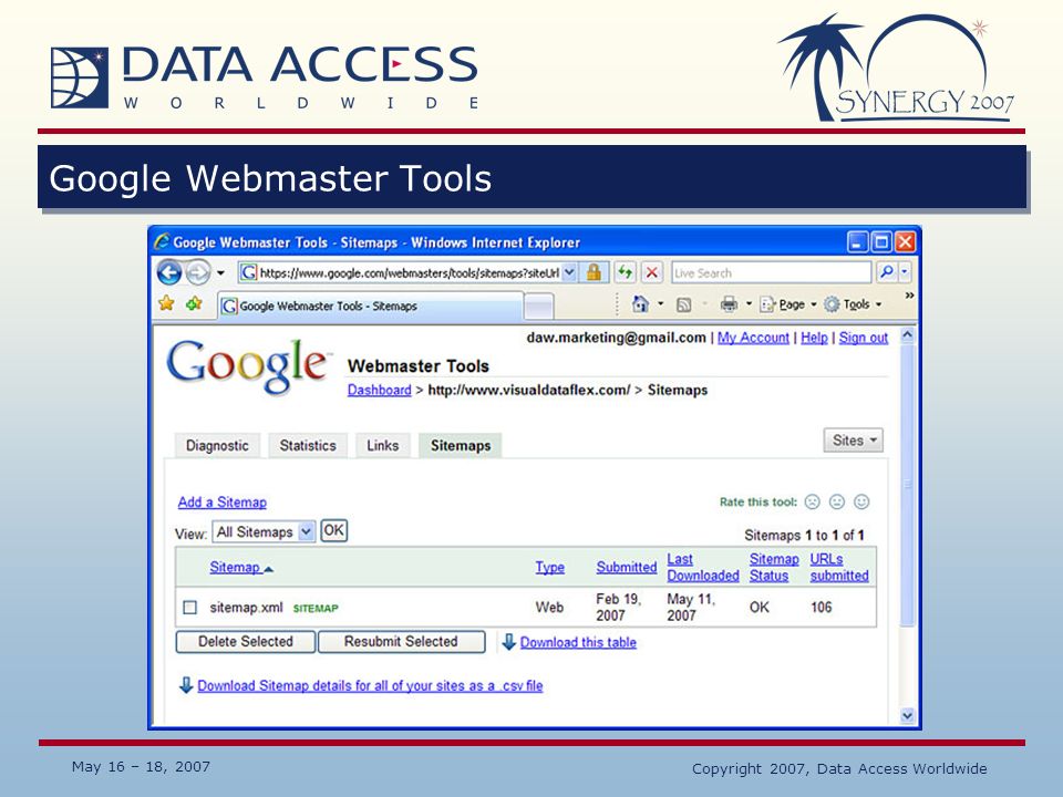 May 16 – 18, 2007 Copyright 2007, Data Access Worldwide Google Webmaster Tools