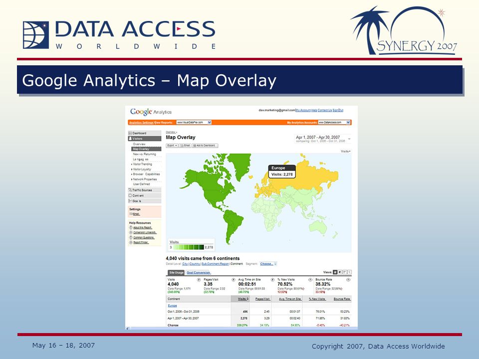 May 16 – 18, 2007 Copyright 2007, Data Access Worldwide Google Analytics – Map Overlay