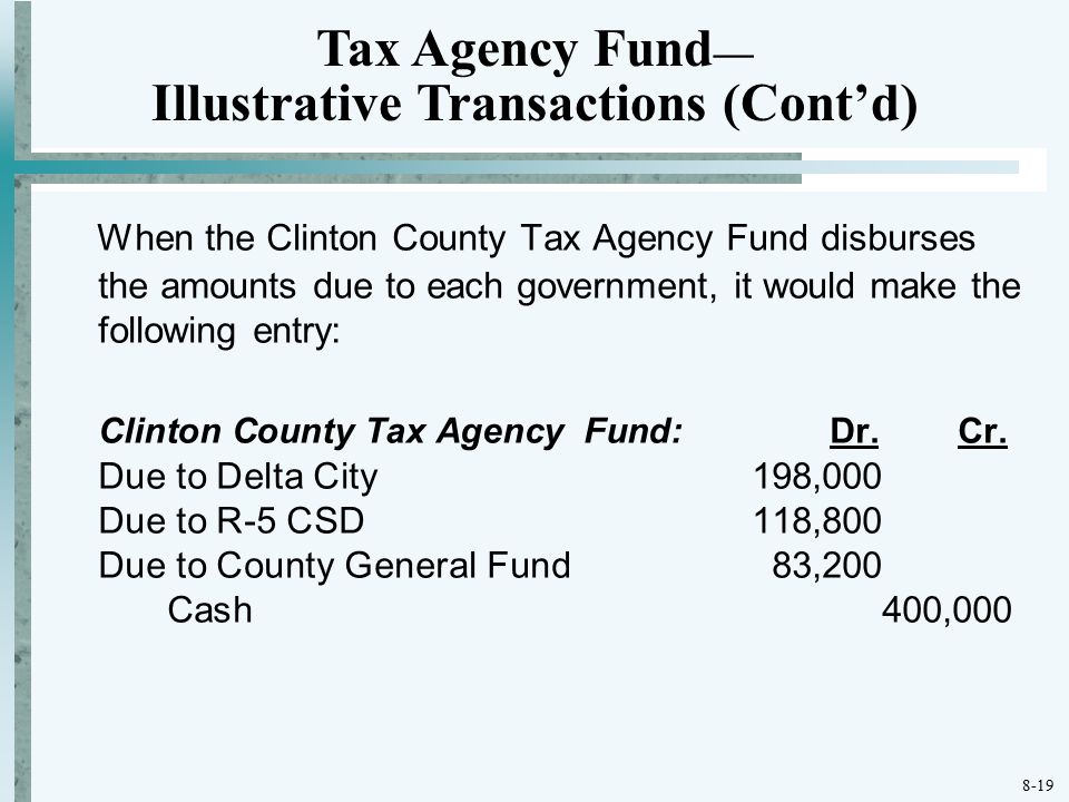 8-19 When the Clinton County Tax Agency Fund disburses the amounts due to each government, it would make the following entry: Clinton County Tax Agency Fund: Dr.
