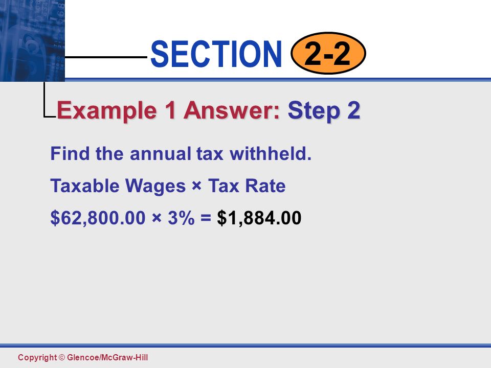 Click to edit Master text styles Second level Third level Fourth level Fifth level 10 SECTION Copyright © Glencoe/McGraw-Hill 2-2 Find the annual tax withheld.