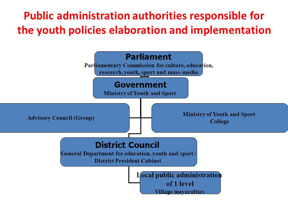 Public administration authorities responsible for the youth policies elaboration and implementation Parliament Parliamentary Commission for culture, education, research, youth, sport and mass-media Government Ministry of Youth and Sport District Council General Department for education, youth and sport / District President Cabinet Local public administration of 1 level Village mayoralties Advisory Council (Group) Ministry of Youth and Sport College