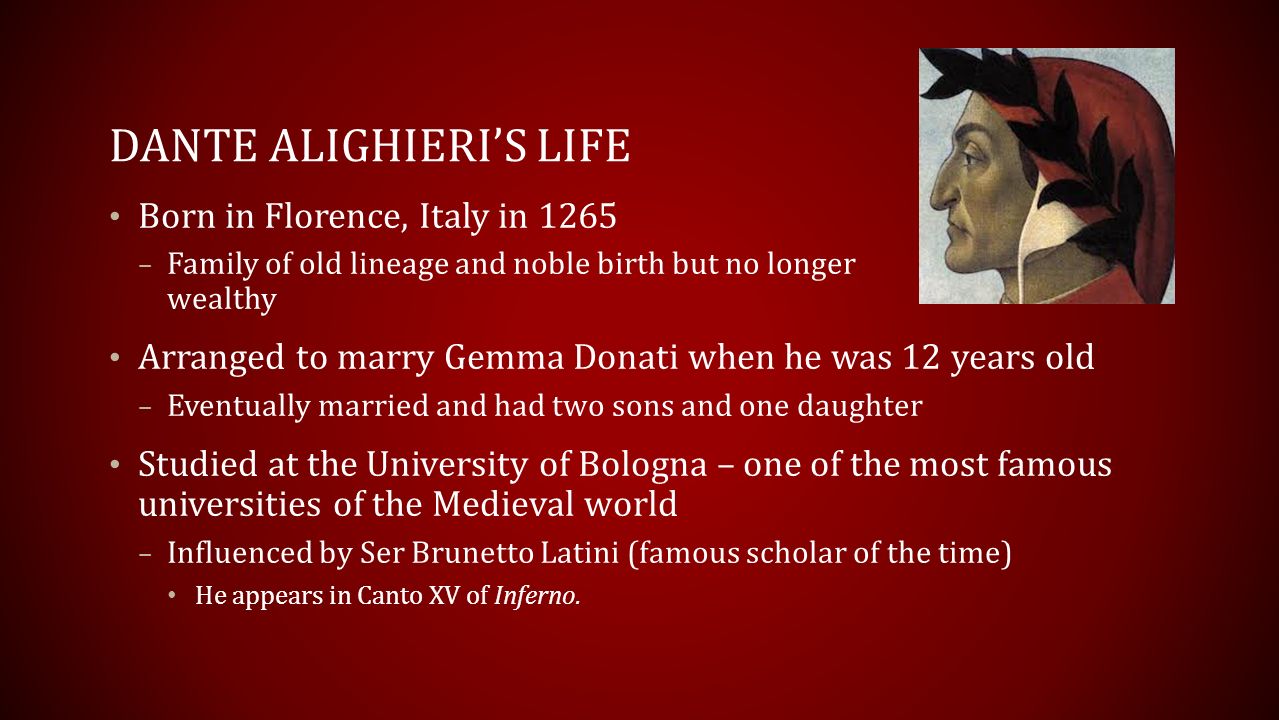 By Dante Alighieri INFERNO. DANTE ALIGHIERI'S LIFE Born in Florence, Italy  in 1265 – Family of old lineage and noble birth but no longer wealthy  Arranged. - ppt download