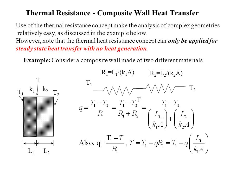 Thermal Resistance - Composite Wall Heat Transfer T2T2 T1T1 R 1 =L 1 /(k 1 A) R 2 =L 2 /(k 2 A) T T1T1 T2T2 L1L1 L2L2 k1k1 k2k2 T Use of the thermal resistance concept make the analysis of complex geometries relatively easy, as discussed in the example below.
