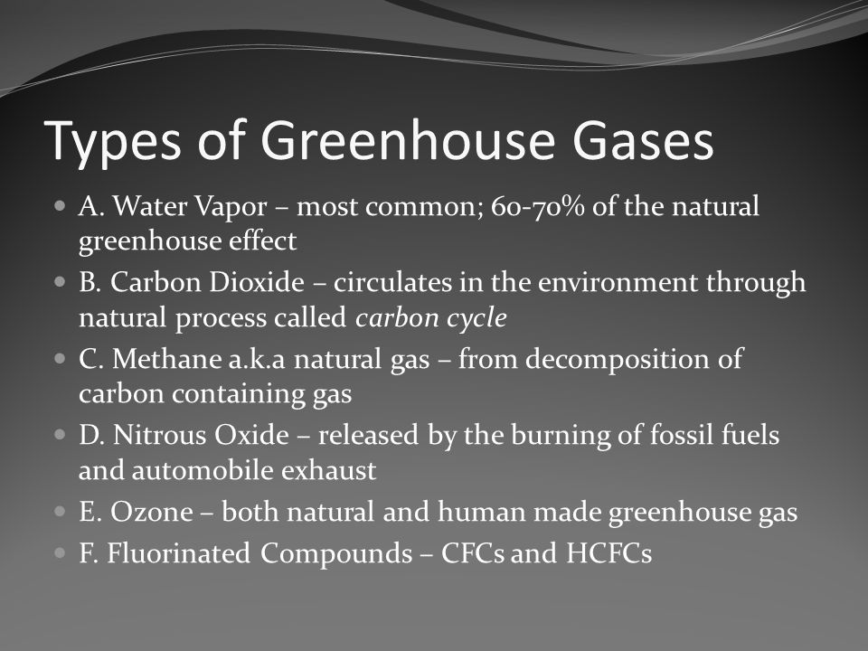 Types of Greenhouse Gases A. Water Vapor – most common; 60-70% of the natural greenhouse effect B.