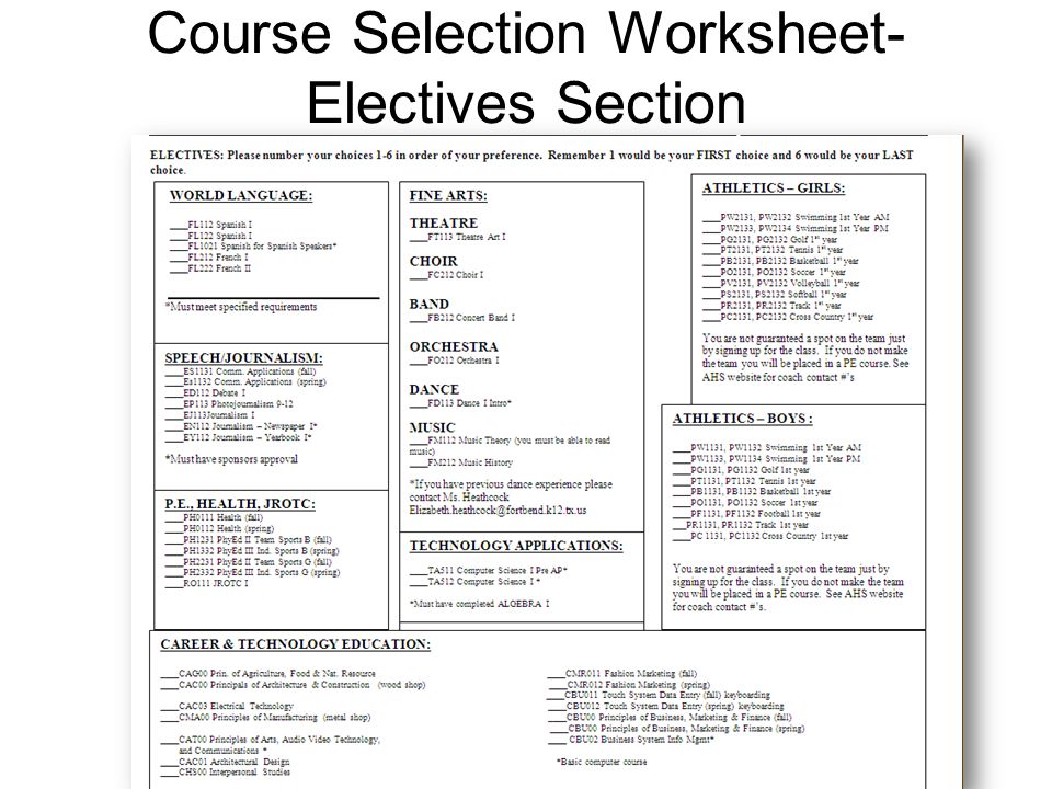 Course Selection Worksheet- Electives Section