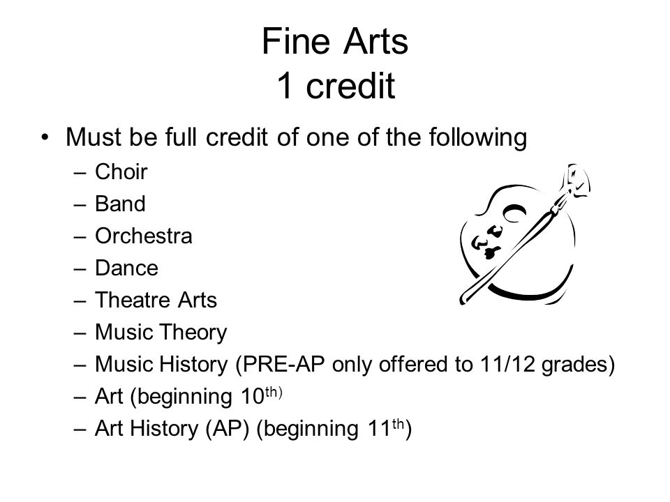 Fine Arts 1 credit Must be full credit of one of the following –Choir –Band –Orchestra –Dance –Theatre Arts –Music Theory –Music History (PRE-AP only offered to 11/12 grades) –Art (beginning 10 th) –Art History (AP) (beginning 11 th )