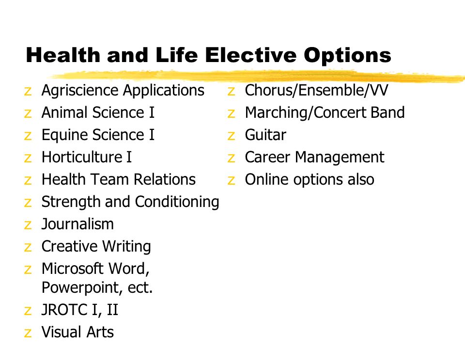 Health and Life Elective Options zAgriscience Applications zAnimal Science I zEquine Science I zHorticulture I zHealth Team Relations zStrength and Conditioning zJournalism zCreative Writing zMicrosoft Word, Powerpoint, ect.
