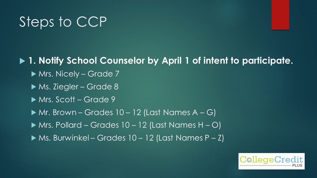 Steps to CCP  1. Notify School Counselor by April 1 of intent to participate.