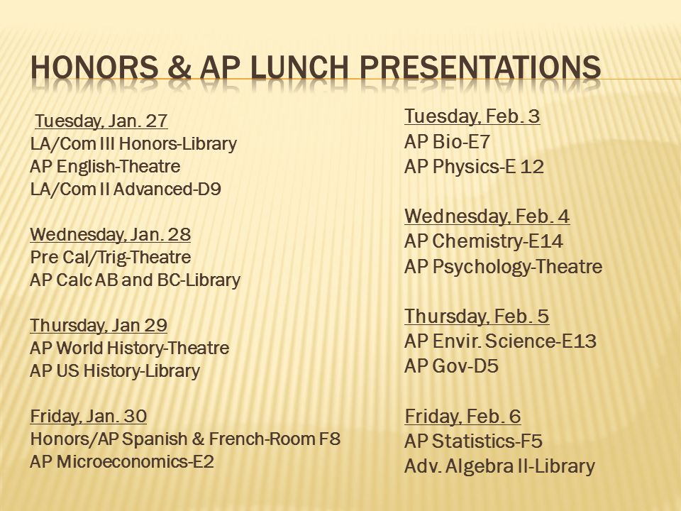 Tuesday, Jan. 27 LA/Com III Honors-Library AP English-Theatre LA/Com II Advanced-D9 Wednesday, Jan.