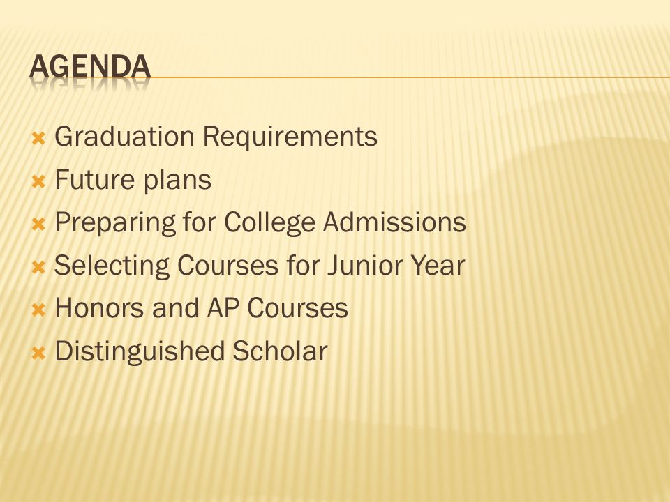  Graduation Requirements  Future plans  Preparing for College Admissions  Selecting Courses for Junior Year  Honors and AP Courses  Distinguished Scholar