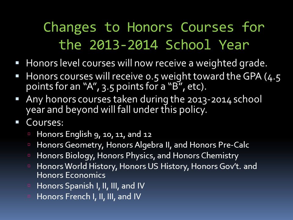 Changes to Honors Courses for the School Year  Honors level courses will now receive a weighted grade.
