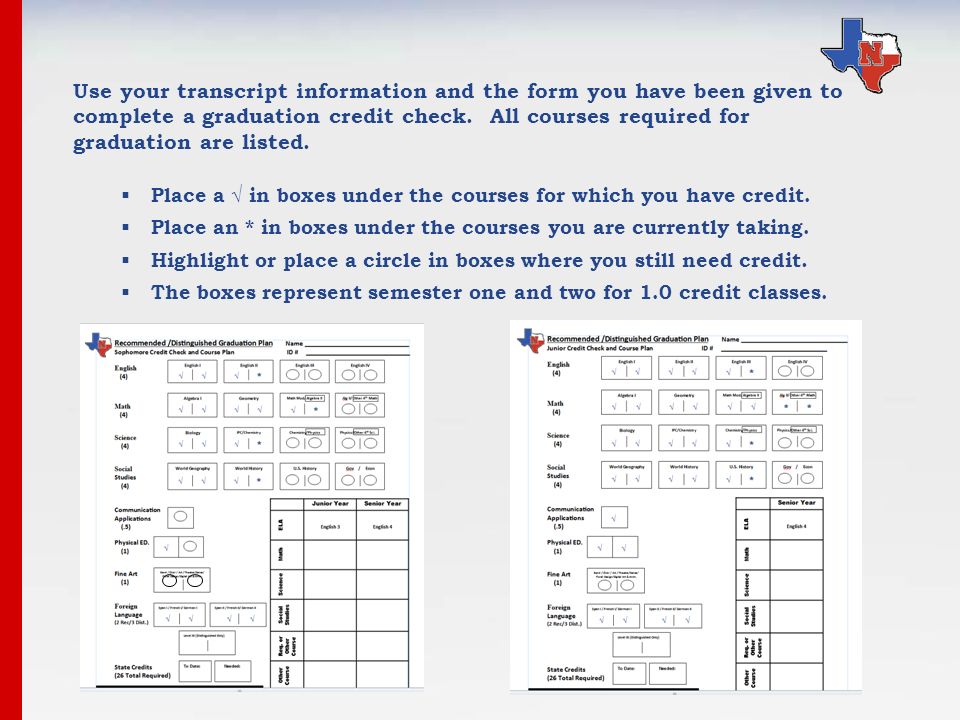 Use your transcript information and the form you have been given to complete a graduation credit check.