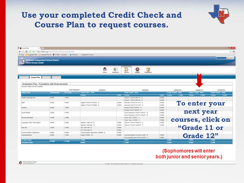 To enter your next year courses, click on Grade 11 or Grade 12 Use your completed Credit Check and Course Plan to request courses.