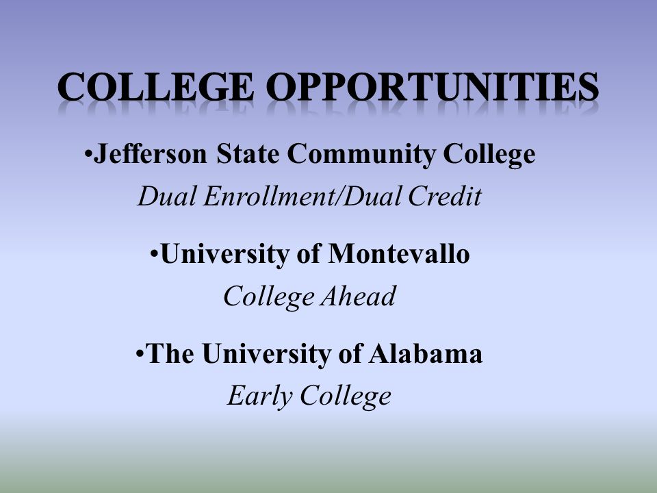 Jefferson State Community College Dual Enrollment/Dual Credit University of Montevallo College Ahead The University of Alabama Early College