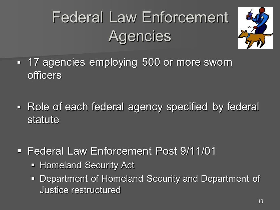 13 Federal Law Enforcement Agencies  17 agencies employing 500 or more sworn officers  Role of each federal agency specified by federal statute  Federal Law Enforcement Post 9/11/01  Homeland Security Act  Department of Homeland Security and Department of Justice restructured