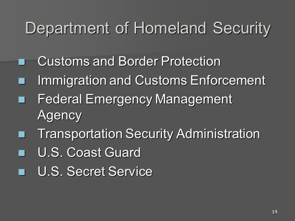14 Department of Homeland Security Customs and Border Protection Customs and Border Protection Immigration and Customs Enforcement Immigration and Customs Enforcement Federal Emergency Management Agency Federal Emergency Management Agency Transportation Security Administration Transportation Security Administration U.S.