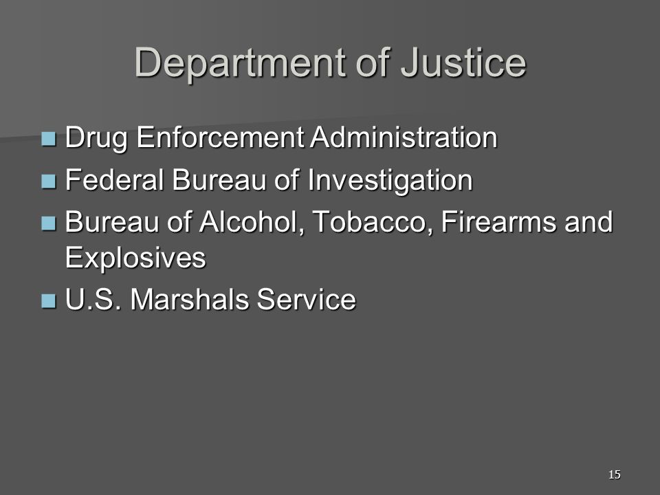 15 Department of Justice Drug Enforcement Administration Drug Enforcement Administration Federal Bureau of Investigation Federal Bureau of Investigation Bureau of Alcohol, Tobacco, Firearms and Explosives Bureau of Alcohol, Tobacco, Firearms and Explosives U.S.