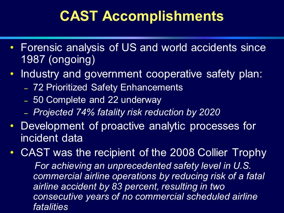 CAST Accomplishments Forensic analysis of US and world accidents since 1987 (ongoing) Industry and government cooperative safety plan: – 72 Prioritized Safety Enhancements – 50 Complete and 22 underway – Projected 74% fatality risk reduction by 2020 Development of proactive analytic processes for incident data CAST was the recipient of the 2008 Collier Trophy For achieving an unprecedented safety level in U.S.