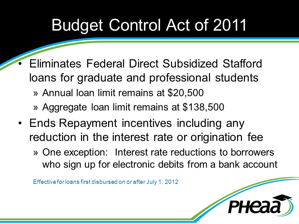 Budget Control Act of 2011 Eliminates Federal Direct Subsidized Stafford loans for graduate and professional students »Annual loan limit remains at $20,500 »Aggregate loan limit remains at $138,500 Ends Repayment incentives including any reduction in the interest rate or origination fee »One exception: Interest rate reductions to borrowers who sign up for electronic debits from a bank account Effective for loans first disbursed on or after July 1, 2012