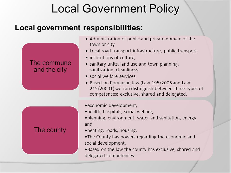 Local Government Policy Local government responsibilities: Administration of public and private domain of the town or city Local road transport infrastructure, public transport institutions of culture, sanitary units, land use and town planning, sanitization, cleanliness social welfare services Based on Romanian law (Law 195/2006 and Law 215/20001) we can distinguish between three types of competences: exclusive, shared and delegated.