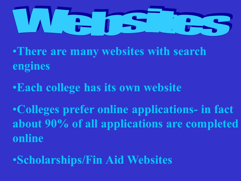 There are many websites with search engines Each college has its own website Colleges prefer online applications- in fact about 90% of all applications are completed online Scholarships/Fin Aid Websites