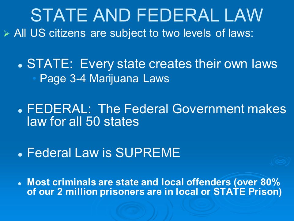 STATE AND FEDERAL LAW   All US citizens are subject to two levels of laws: STATE: Every state creates their own laws Page 3-4 Marijuana Laws FEDERAL: The Federal Government makes law for all 50 states Federal Law is SUPREME Most criminals are state and local offenders (over 80% of our 2 million prisoners are in local or STATE Prison)