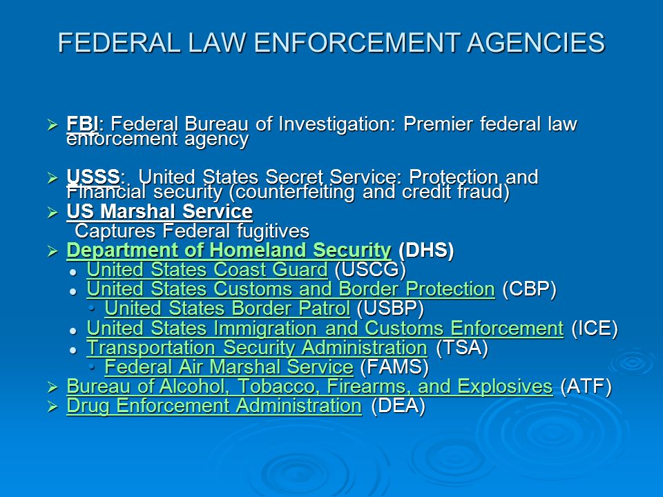 FEDERAL LAW ENFORCEMENT AGENCIES  FBI: Federal Bureau of Investigation: Premier federal law enforcement agency  USSS: United States Secret Service: Protection and Financial security (counterfeiting and credit fraud)  US Marshal Service Captures Federal fugitives Captures Federal fugitives  Department of Homeland Security (DHS) Department of Homeland Security Department of Homeland Security United States Coast Guard (USCG) United States Coast Guard (USCG) United States Coast Guard United States Coast Guard United States Customs and Border Protection (CBP) United States Customs and Border Protection (CBP) United States Customs and Border Protection United States Customs and Border Protection United States Border Patrol (USBP)United States Border Patrol (USBP)United States Border PatrolUnited States Border Patrol United States Immigration and Customs Enforcement (ICE) United States Immigration and Customs Enforcement (ICE) United States Immigration and Customs Enforcement United States Immigration and Customs Enforcement Transportation Security Administration (TSA) Transportation Security Administration (TSA) Transportation Security Administration Transportation Security Administration Federal Air Marshal Service (FAMS)Federal Air Marshal Service (FAMS)Federal Air Marshal ServiceFederal Air Marshal Service  Bureau of Alcohol, Tobacco, Firearms, and Explosives (ATF) Bureau of Alcohol, Tobacco, Firearms, and Explosives Bureau of Alcohol, Tobacco, Firearms, and Explosives  Drug Enforcement Administration (DEA) Drug Enforcement Administration Drug Enforcement Administration