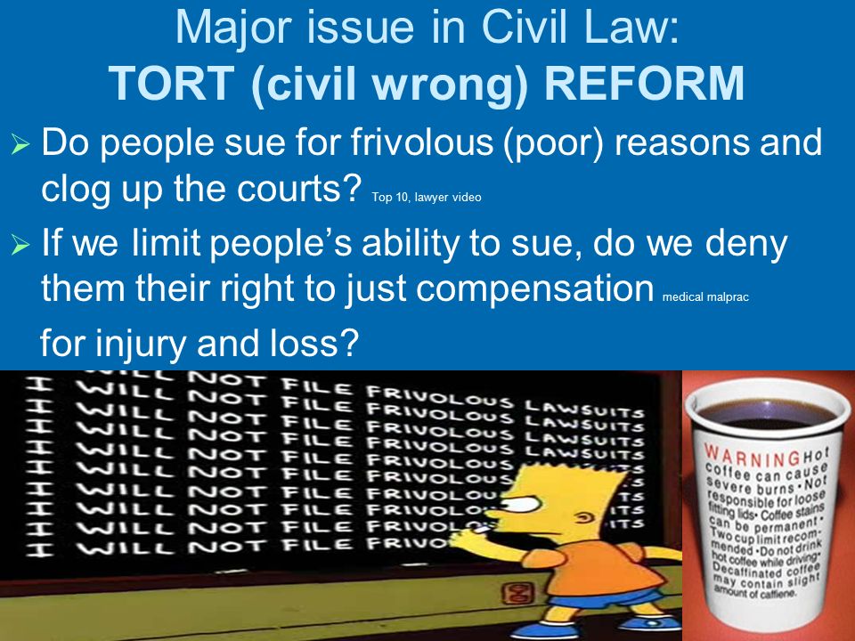 Major issue in Civil Law: TORT (civil wrong) REFORM   Do people sue for frivolous (poor) reasons and clog up the courts.
