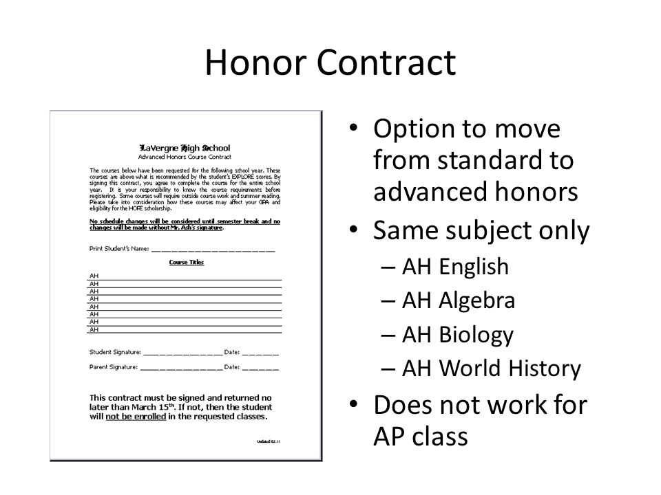Honor Contract Option to move from standard to advanced honors Same subject only – AH English – AH Algebra – AH Biology – AH World History Does not work for AP class