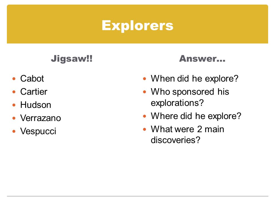 Explorers Jigsaw!. Cabot Cartier Hudson Verrazano Vespucci Answer… When did he explore.