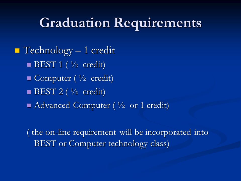 Graduation Requirements Technology – 1 credit Technology – 1 credit BEST 1 ( ½ credit) BEST 1 ( ½ credit) Computer ( ½ credit) Computer ( ½ credit) BEST 2 ( ½ credit) BEST 2 ( ½ credit) Advanced Computer ( ½ or 1 credit) Advanced Computer ( ½ or 1 credit) ( the on-line requirement will be incorporated into BEST or Computer technology class)