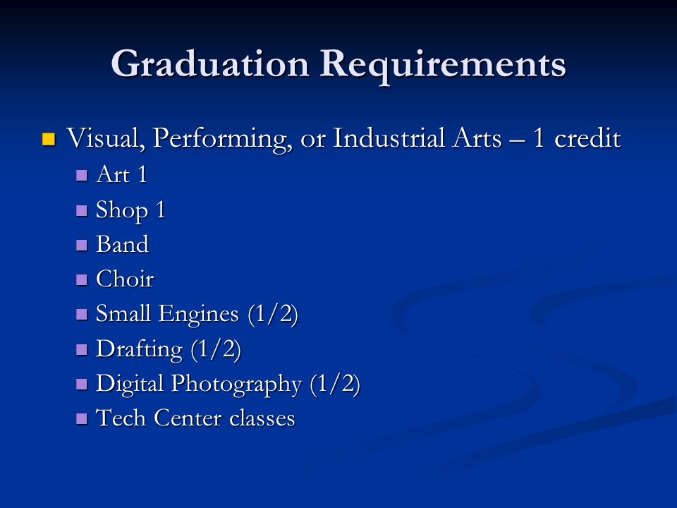 Graduation Requirements Visual, Performing, or Industrial Arts – 1 credit Visual, Performing, or Industrial Arts – 1 credit Art 1 Art 1 Shop 1 Shop 1 Band Band Choir Choir Small Engines (1/2) Small Engines (1/2) Drafting (1/2) Drafting (1/2) Digital Photography (1/2) Digital Photography (1/2) Tech Center classes Tech Center classes