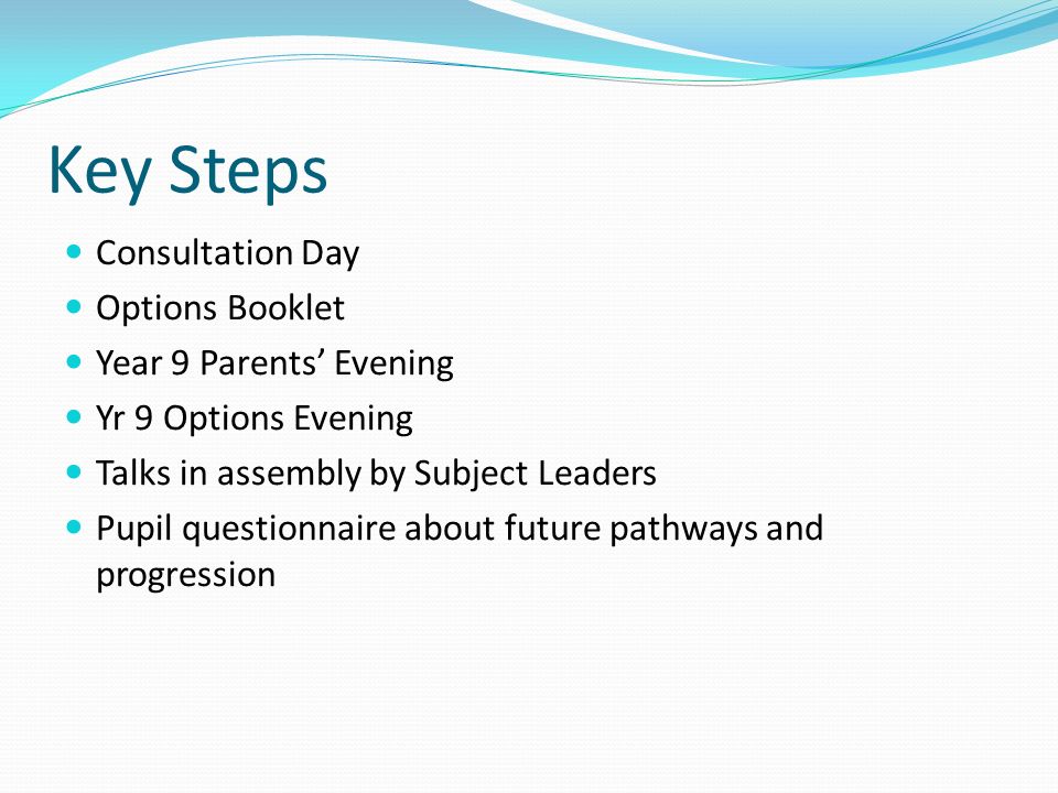 Key Steps Consultation Day Options Booklet Year 9 Parents’ Evening Yr 9 Options Evening Talks in assembly by Subject Leaders Pupil questionnaire about future pathways and progression