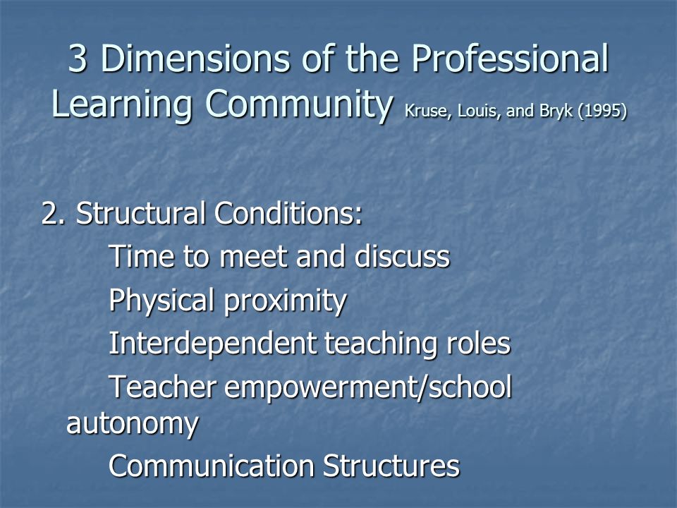 3 Dimensions of the Professional Learning Community Kruse, Louis, and Bryk (1995) 2.