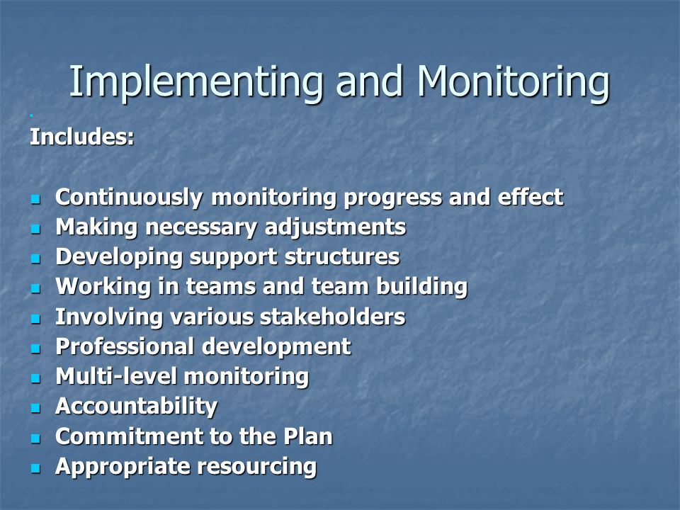 Implementing and Monitoring Includes: Continuously monitoring progress and effect Continuously monitoring progress and effect Making necessary adjustments Making necessary adjustments Developing support structures Developing support structures Working in teams and team building Working in teams and team building Involving various stakeholders Involving various stakeholders Professional development Professional development Multi-level monitoring Multi-level monitoring Accountability Accountability Commitment to the Plan Commitment to the Plan Appropriate resourcing Appropriate resourcing