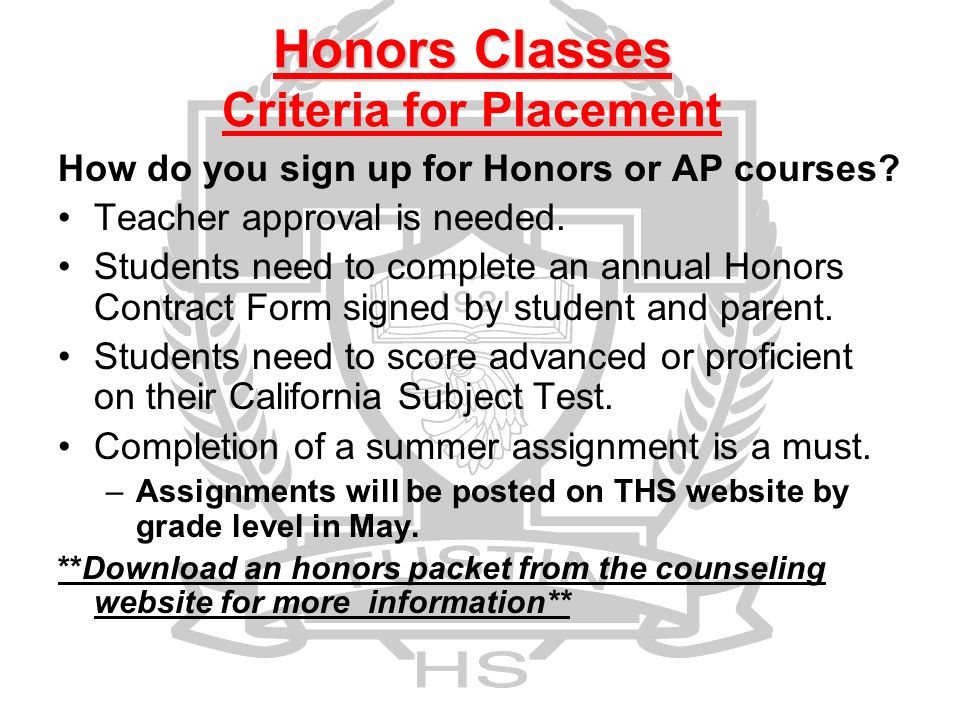 Honors Classes Honors Classes Criteria for Placement How do you sign up for Honors or AP courses.