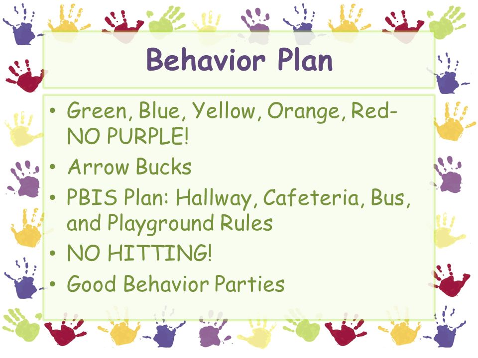 Behavior Plan Green, Blue, Yellow, Orange, Red- NO PURPLE.