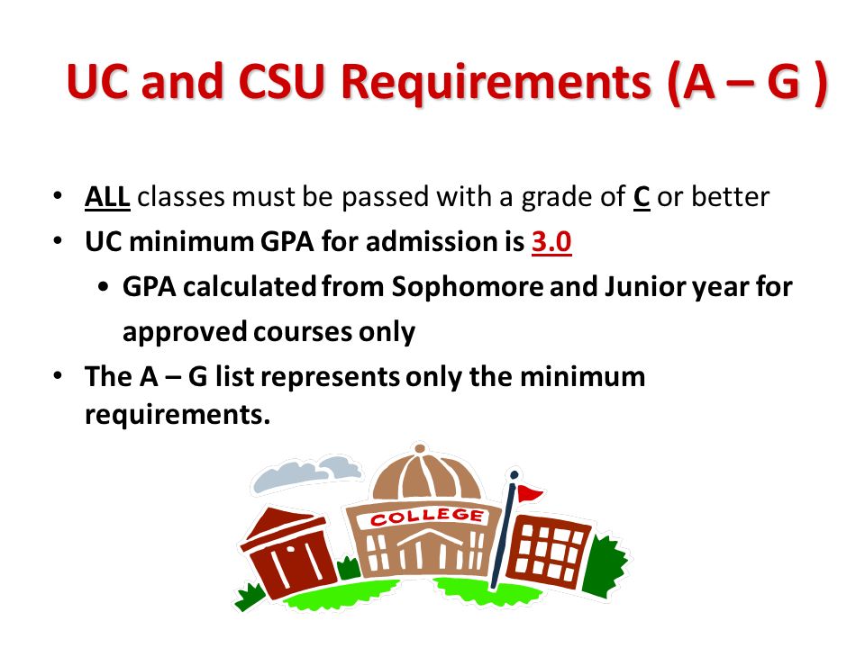 UC and CSU Requirements (A – G ) ALL classes must be passed with a grade of C or better UC minimum GPA for admission is 3.0 GPA calculated from Sophomore and Junior year for approved courses only The A – G list represents only the minimum requirements.
