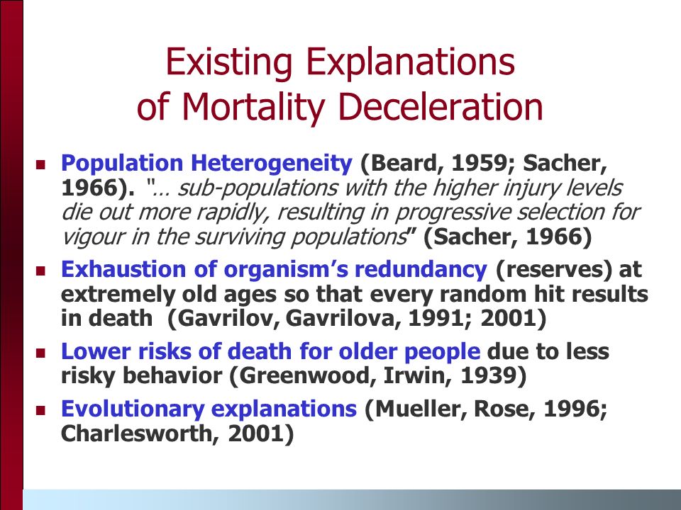 Existing Explanations of Mortality Deceleration Population Heterogeneity (Beard, 1959; Sacher, 1966).